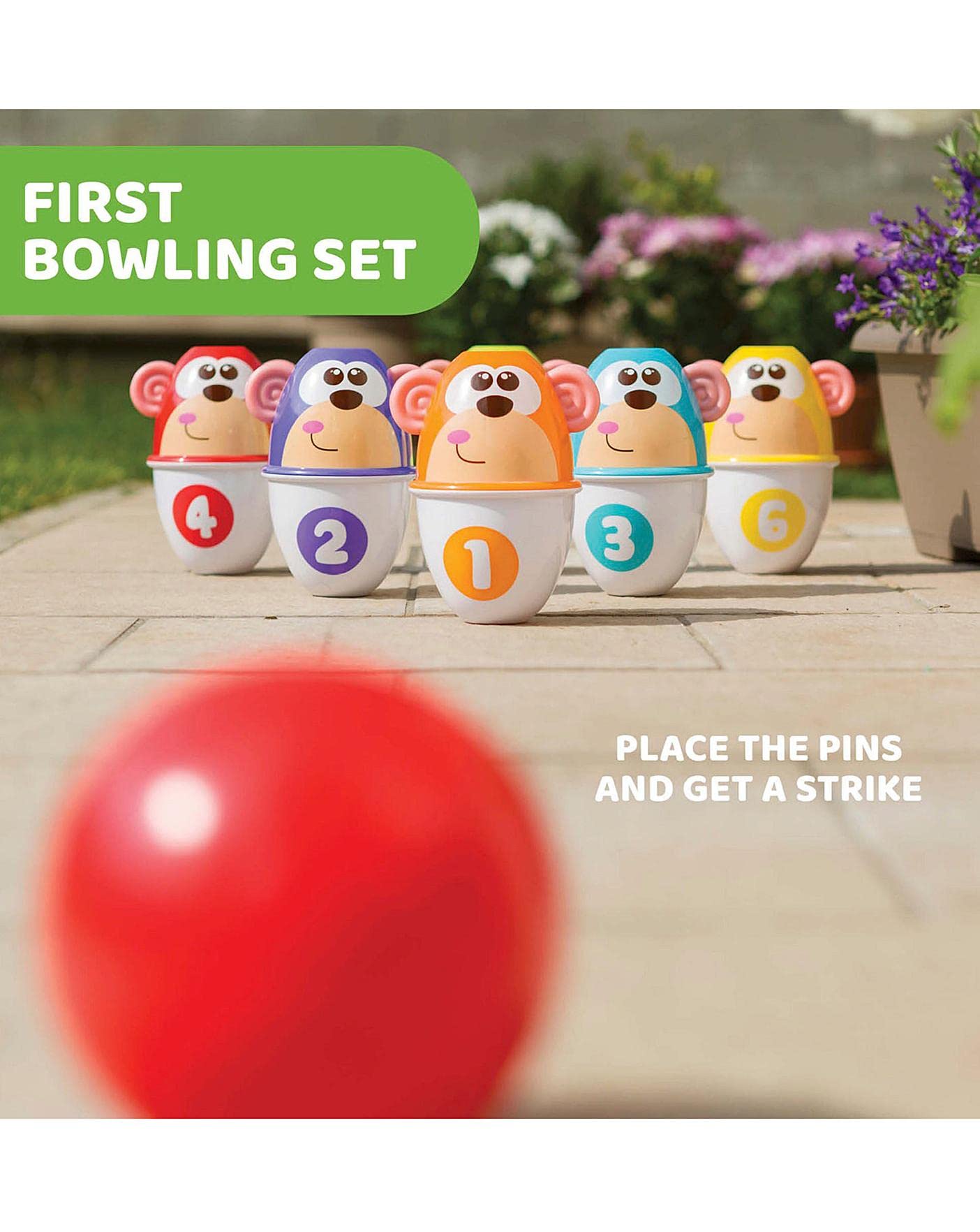 Chicco Monkey Strike Kids Bowling Set - Kegelspiel für Kinder mit 6 trennbaren Pins, stapelbar in 12 Teile, inklusive Kunststoffball - Kegelspielzeug, Geschenke für Kinder von 18 Monaten bis 8 Jahren