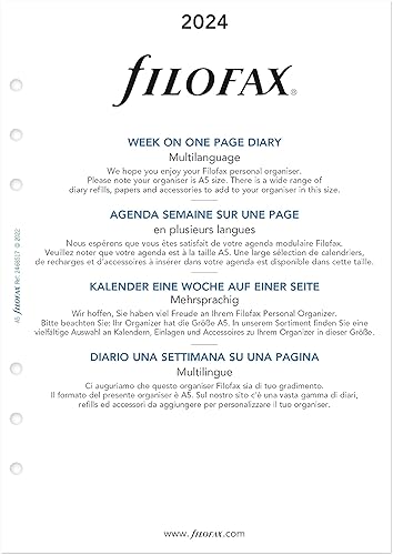 Miniatura 2 de Filofax Recambio de diario para calendario, tamaño A5, semana en una página, libro blanco, sin rayas, multilingüe cuatro idiomas, 2024 (C68517-24)