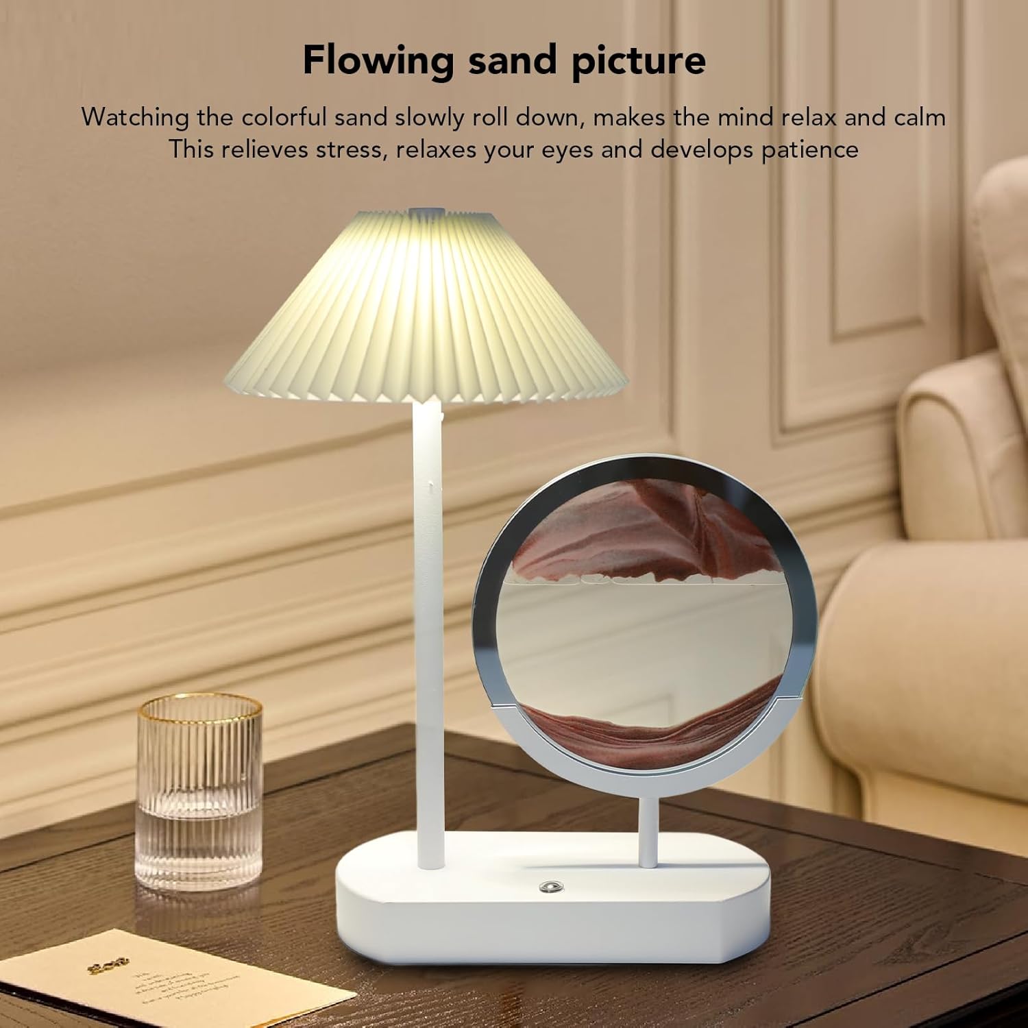 Sorandy Moving Sand Desk Lamp, Dimmable 3 Modes Touch Control Decorative Table Lamp, Rechargeable Night Light for Living Room Office Clear Panel Relaxing Moving Sand