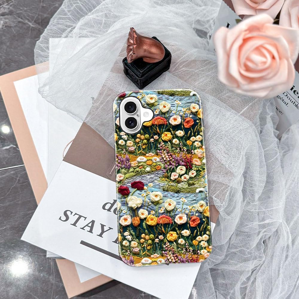 Compatible with iPhone 16,Anti-Scratch Glossy Case Cover,Embroidered Flower Floral - Image 5