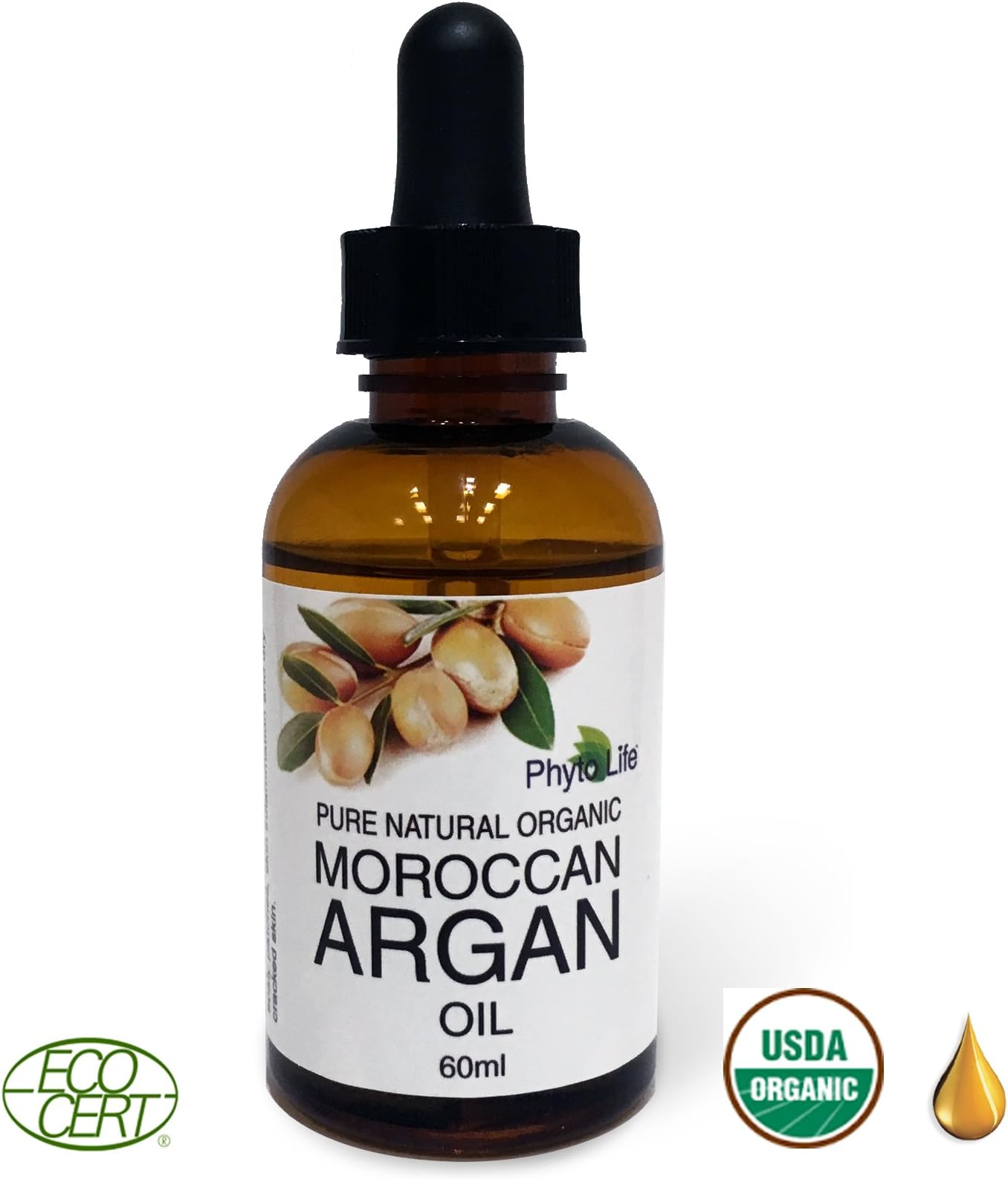 Moroccan Argan Oil 100% Pure USDA Certified Organic for Face, Hair, Skin & Nails, 60ml Anti-Aging, Anti-Wrinkle Beauty Secret, EcoCert Certified Cold Pressed Skin Moisturizer