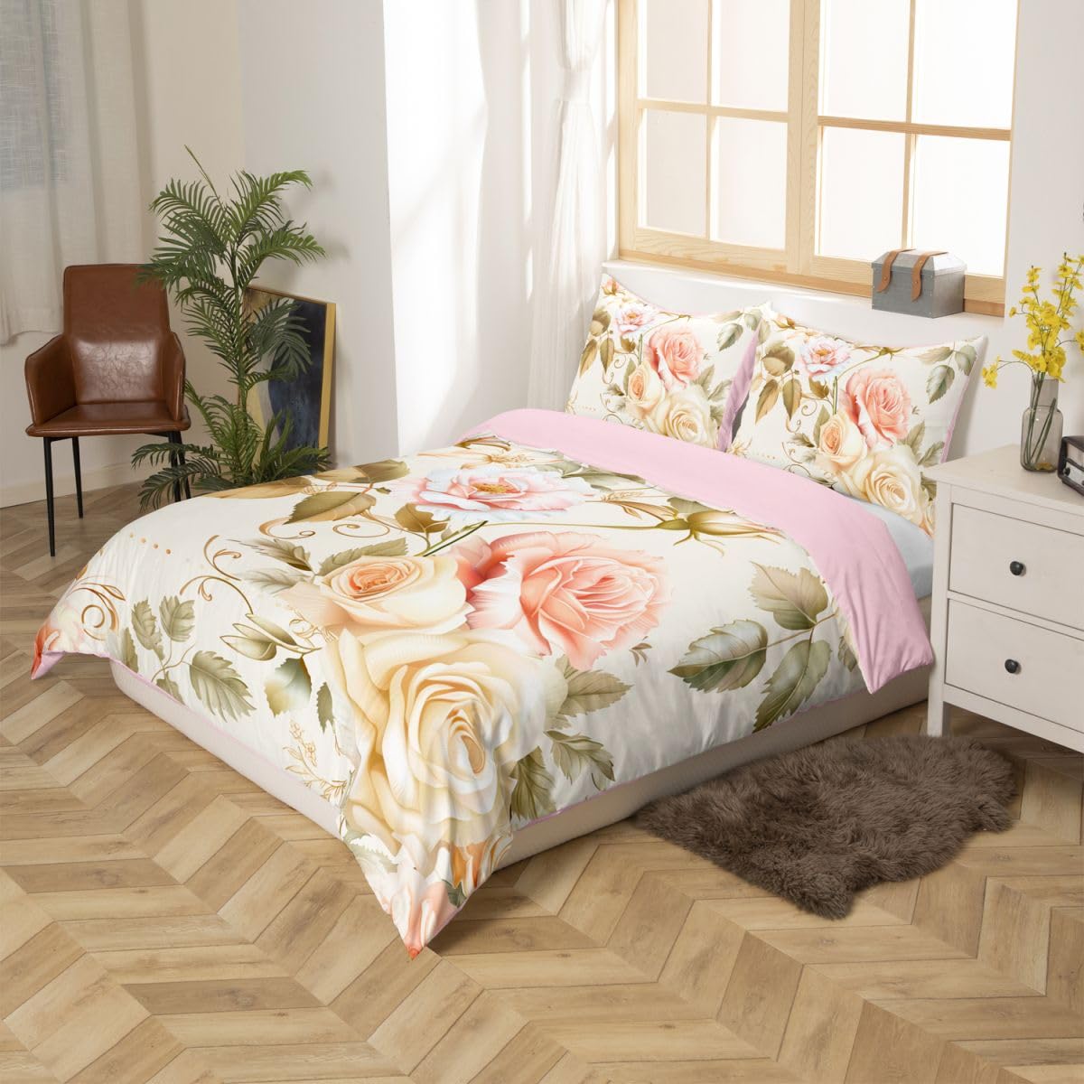 Homewish Róża poszewka na kołdrę super king płatki zestaw pościeli pączek romantyczny różowe białe róże poszewka na kołdrę dom wiejski ręcznie rysowane kwiaty zestawy pościeli