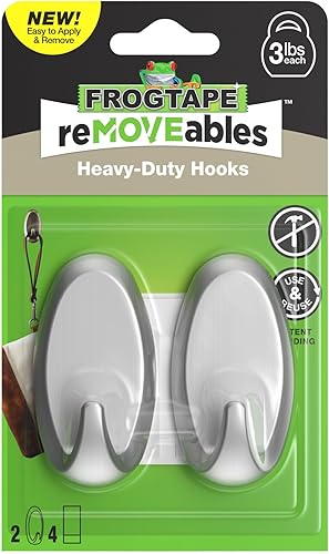 FrogTape reMOVEables - Ganchos de pared resistentes, sin daños, fácil de quitar y reutilizar, gancho de pared mediano con tiras adhesivas, soporta