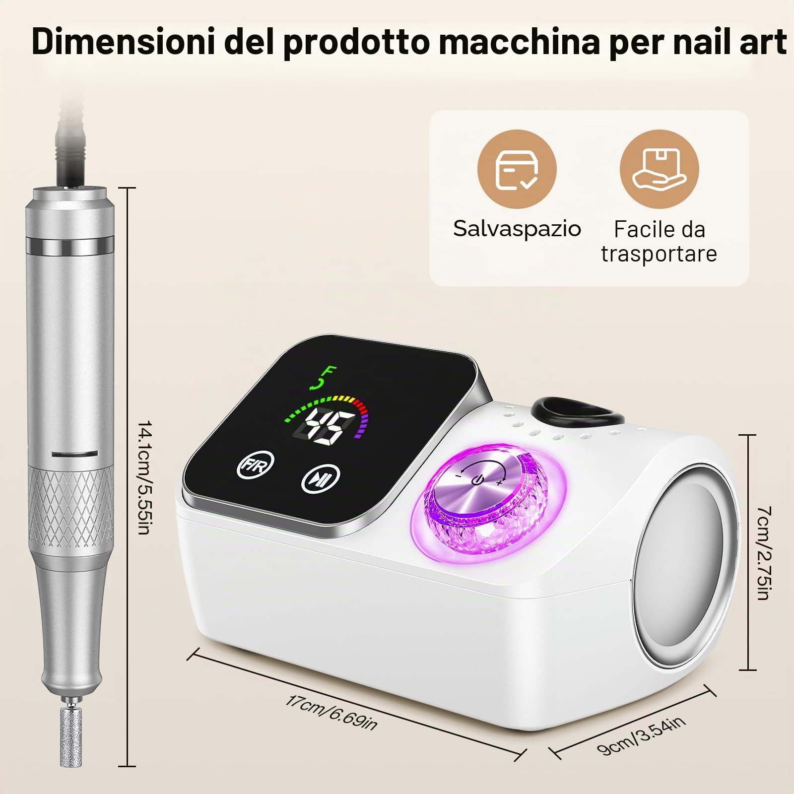 Fresa per Unghie Professionale 45000 giri,12 testine di levigatura,Display LCD touch control,Manopola in cristallo,Lima per unghie portatile per unghie in acrilico e gel (Bianco)