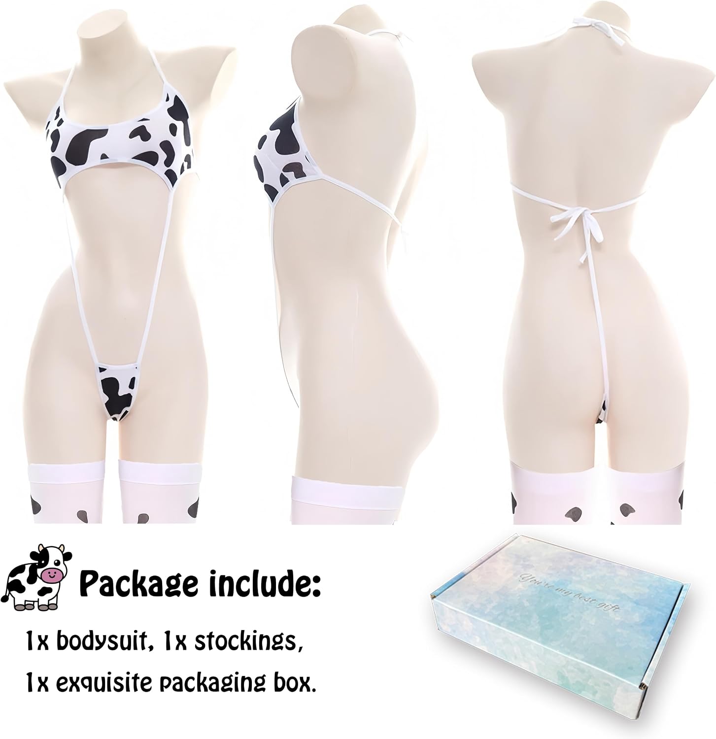 Women's Cow Print Costume Set, Anime Bikini & Stockings