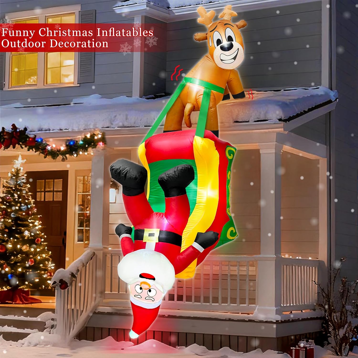 8.5 Ft Hanging Christmas Inflatable Outdoor Decoration, Blow Up Reindeer Pulling Santa Claus on Sleigh Built-in LED Light Christmas Roof Decorations Xmas Party Outside Indoor Balcony Tree Yard Garden - Image 7