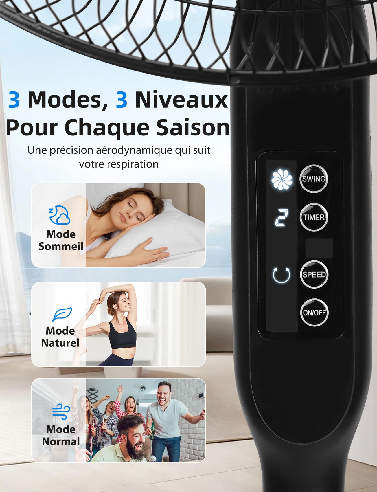 Taylor Swoden Ventilateur sur Pied avec Télécommande, Minuterie 9h, 50W Ventilateur Silencieux Puissant, 3 Modes/3 Vitesses, 7 Pales Oscillantes 70°, Hauteur Réglable 115-130cm