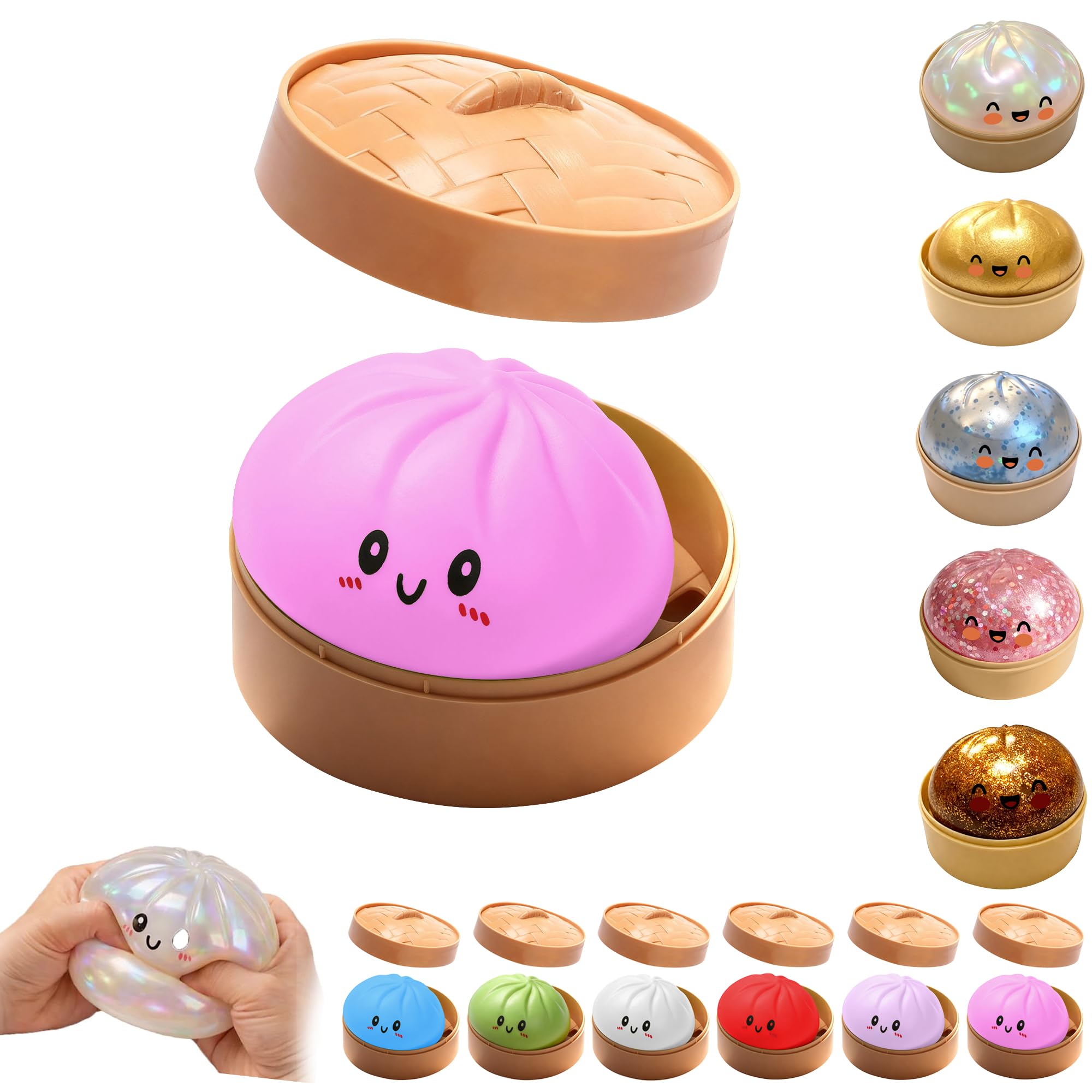 OKESYO Dumpling Squishy, Giant Squishy Dumpling Toy with Steamer Box, Mystery Rainbow Dumplings, Glitter Dumplings Stress Ball, Anxiety Relief Squeeze Fidget Toys Adults