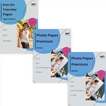 PPD Glossy Photo Paper different sizes and Light Transfer Paper, 20 + 50 +100 Sheets Bundle of 3
