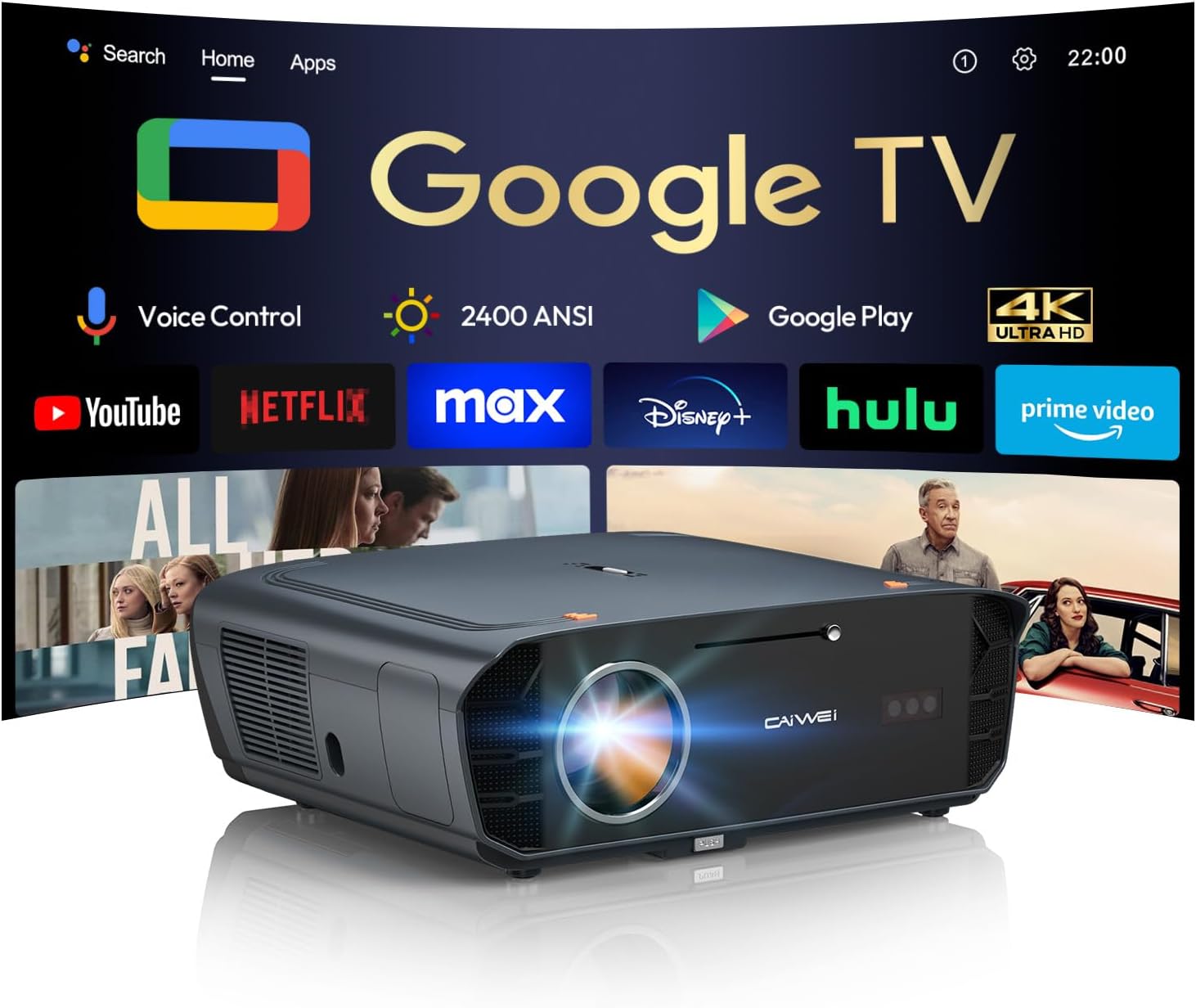 Officially Google TV Projector Daytime 4K, Ultra-Bright 2400 ANSI, 38W DB, Fully Automatic, Voice/NFC Control, HDMI ARC, Smart Projector with WiFi6 and Bluetooth for Home/Outdoor Movies/Bedroom Gaming
