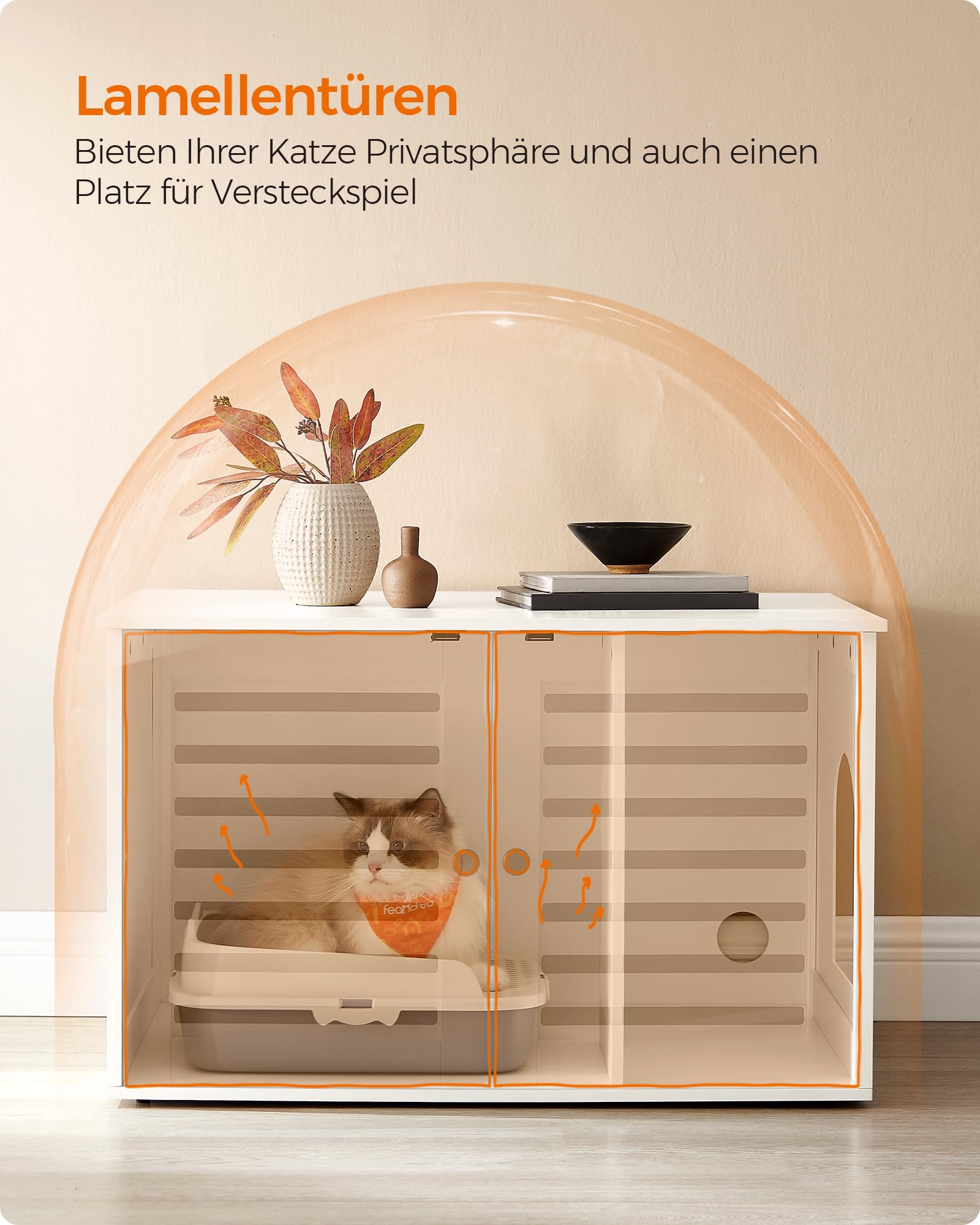 Feandrea Katzenklo-Schrank, Katzenhaus mit herausnehmbarer Trennwand, 2 Lamellentüren, Katzentoilette, Beistelltisch, 80 x 53 x 49 cm, wolkenweiß PCL003W01
