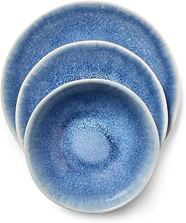 Sur La Table Cloud Stoneware Dinnerware Set – 12-Piece Handcrafted Ceramic Collection Made in Portugal with Reactive Glaze, Organic Design, Dishwasher & Microwave, Blue
