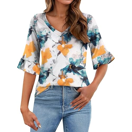 Womens Tops 3/4 Sleeve Summer Dressy Blouses for Women Loose Fit V Neck Shirts Casual Tunic Tops