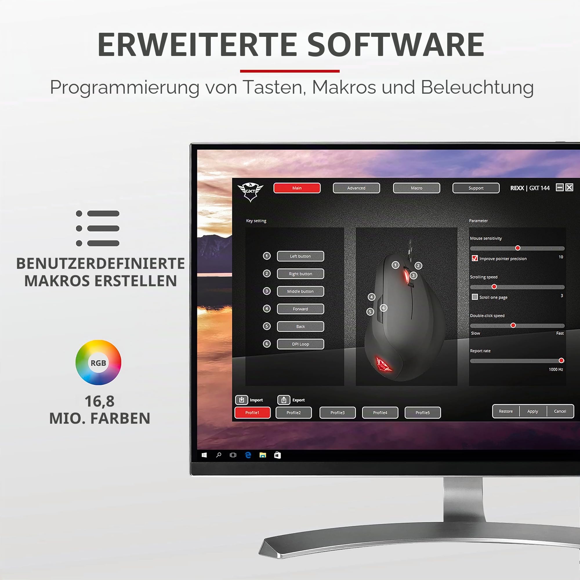 Trust Gaming GXT 144 Rexx Vertikale Gaming Maus, 10.000 DPI, 6 Tasten, RGB LED-Beleuchtung, Schwarz
