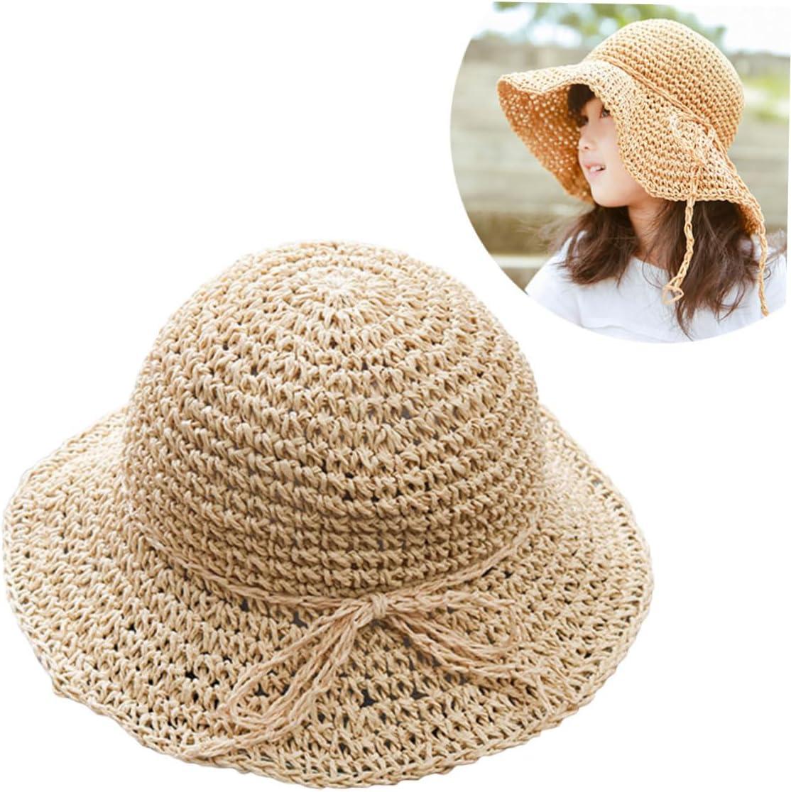 LIFKOME 2pcs Boys and Girls Straw Hat Girls Beach Hat Bowknot Summer Sun Protective Cap