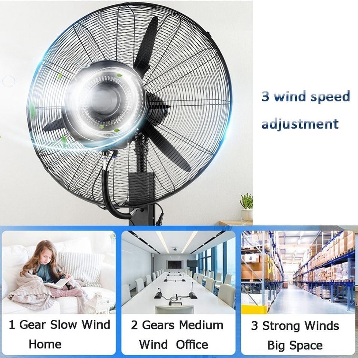 Heavy Duty Industrial Misting Fan High Velocity Movement 3 Speed Air Fan; Pedestal Fan with 11 Gallon Water Tank Commercial Ventilation Fan 90° Oscillation