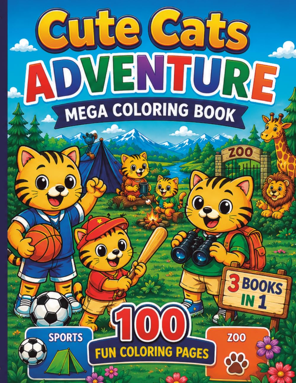 Cute Cats Adventure Mega Coloring Book: 100 Fun Coloring Pages | 3 Books in 1 with Sports, Camping and Zoo Adventures for Kids Ages 3–8