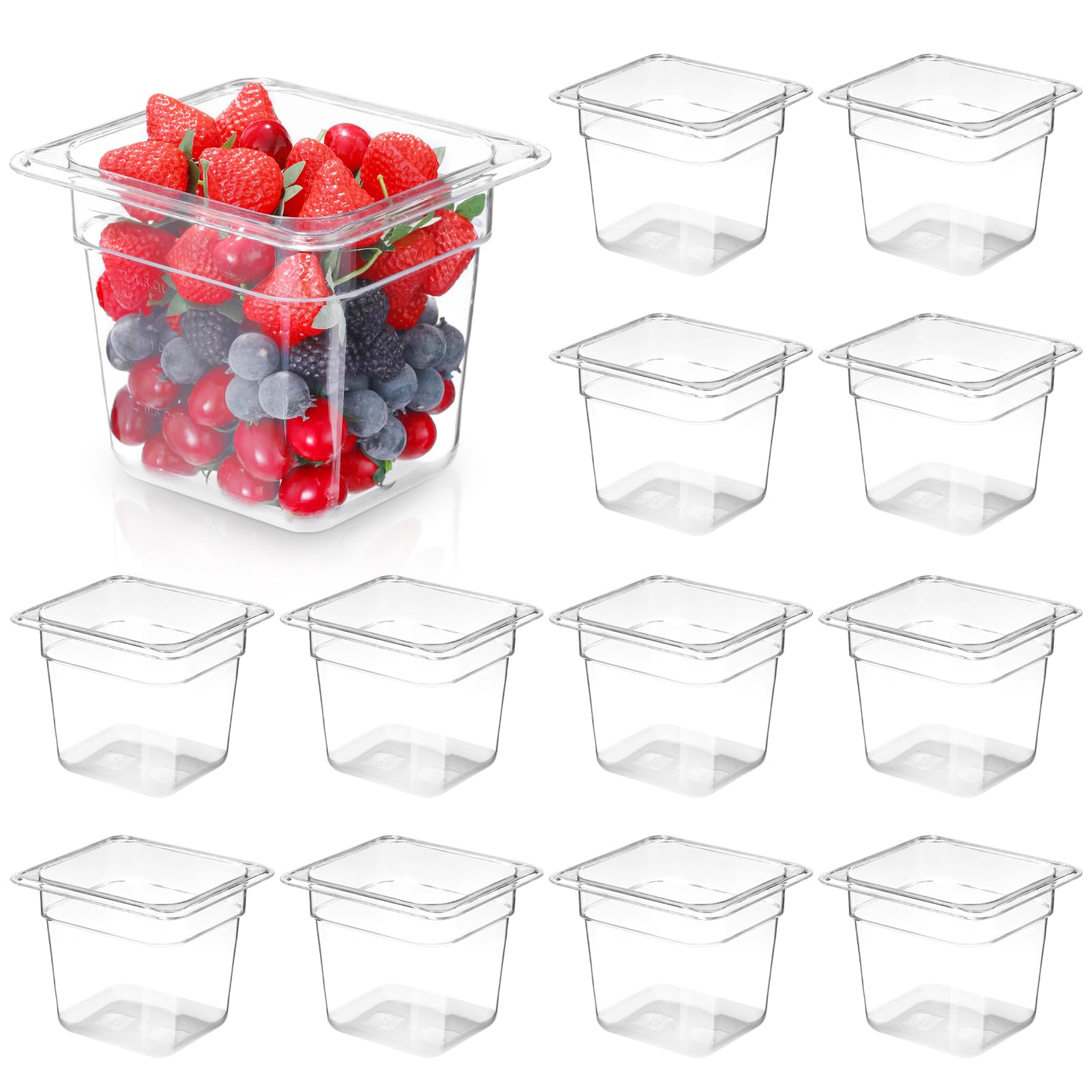 Paquete de 12 sartenes de plástico para alimentos con marcado de capacidad de 6 pulgadas de profundidad, sartenes comerciales transparentes de 1/6 sartén, contenedores de almacenamiento de
