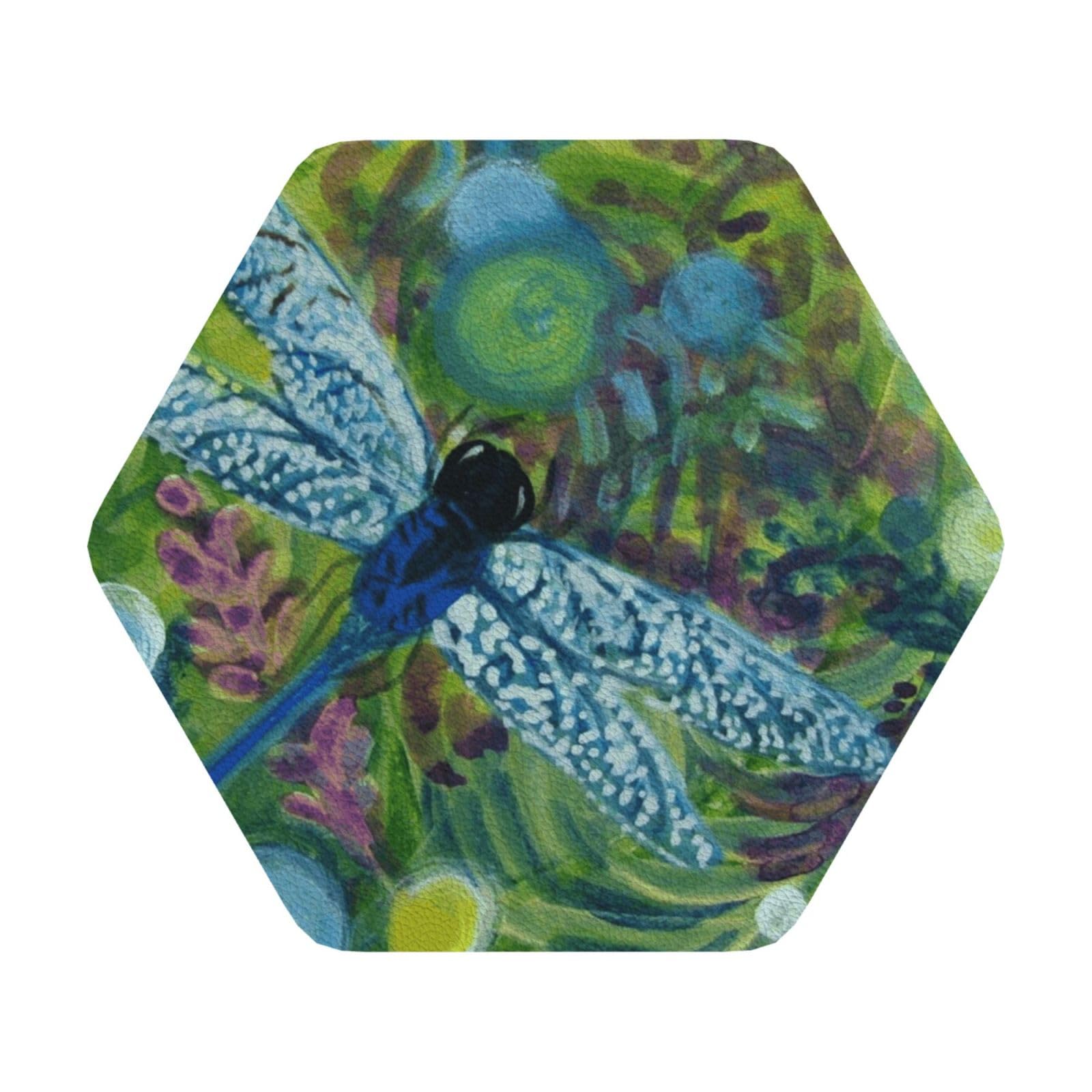 Hand painted dragonfly PU Leather Coasters Set of 6 Hexagon Drink Coasters