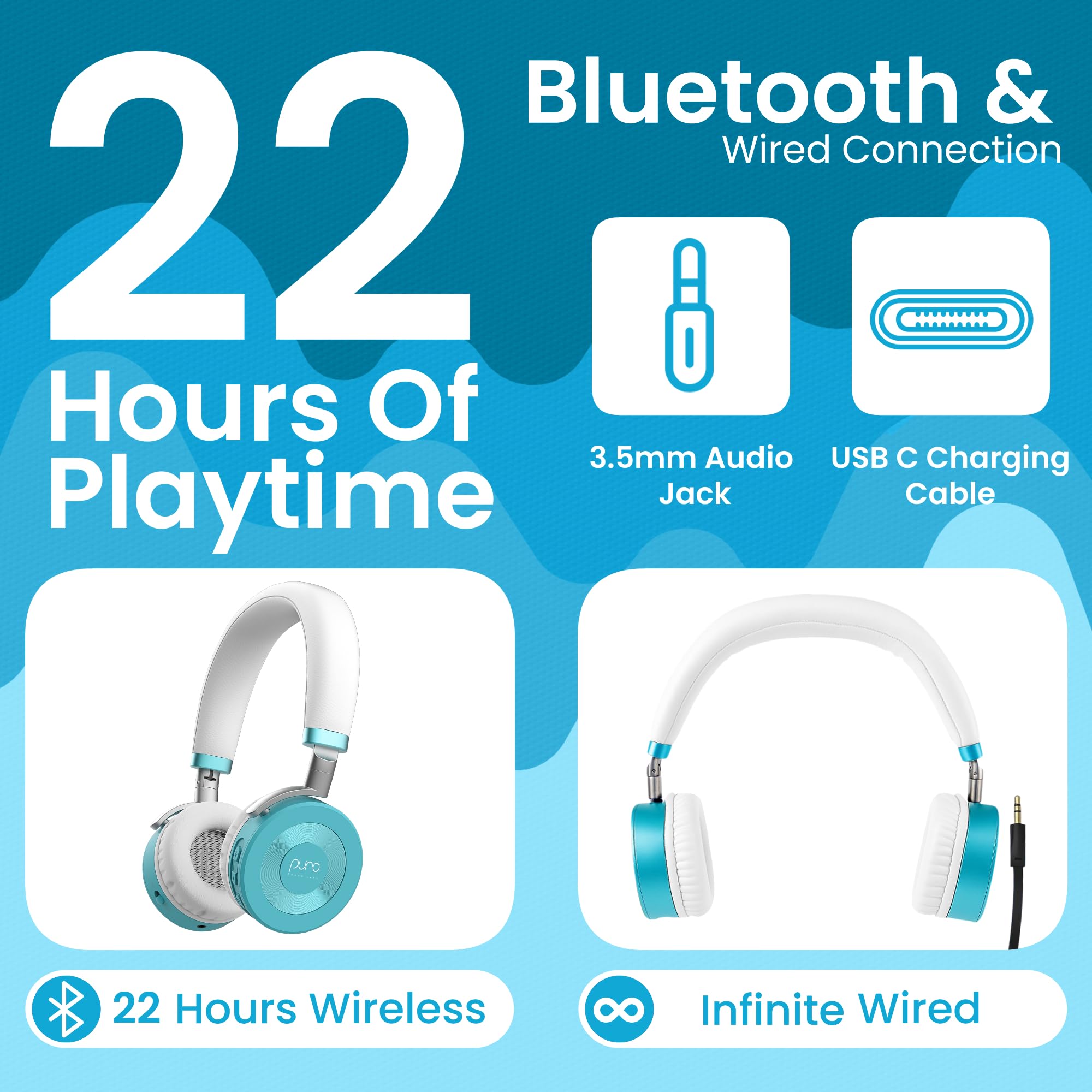 Puro Sound Labs JuniorJam Plus - Auricolari con limitazione di volume per bambini, limite di 85 dB, cuffie Bluetooth regolabili per tablet, smartphone, computer, 22 ore di autonomia
