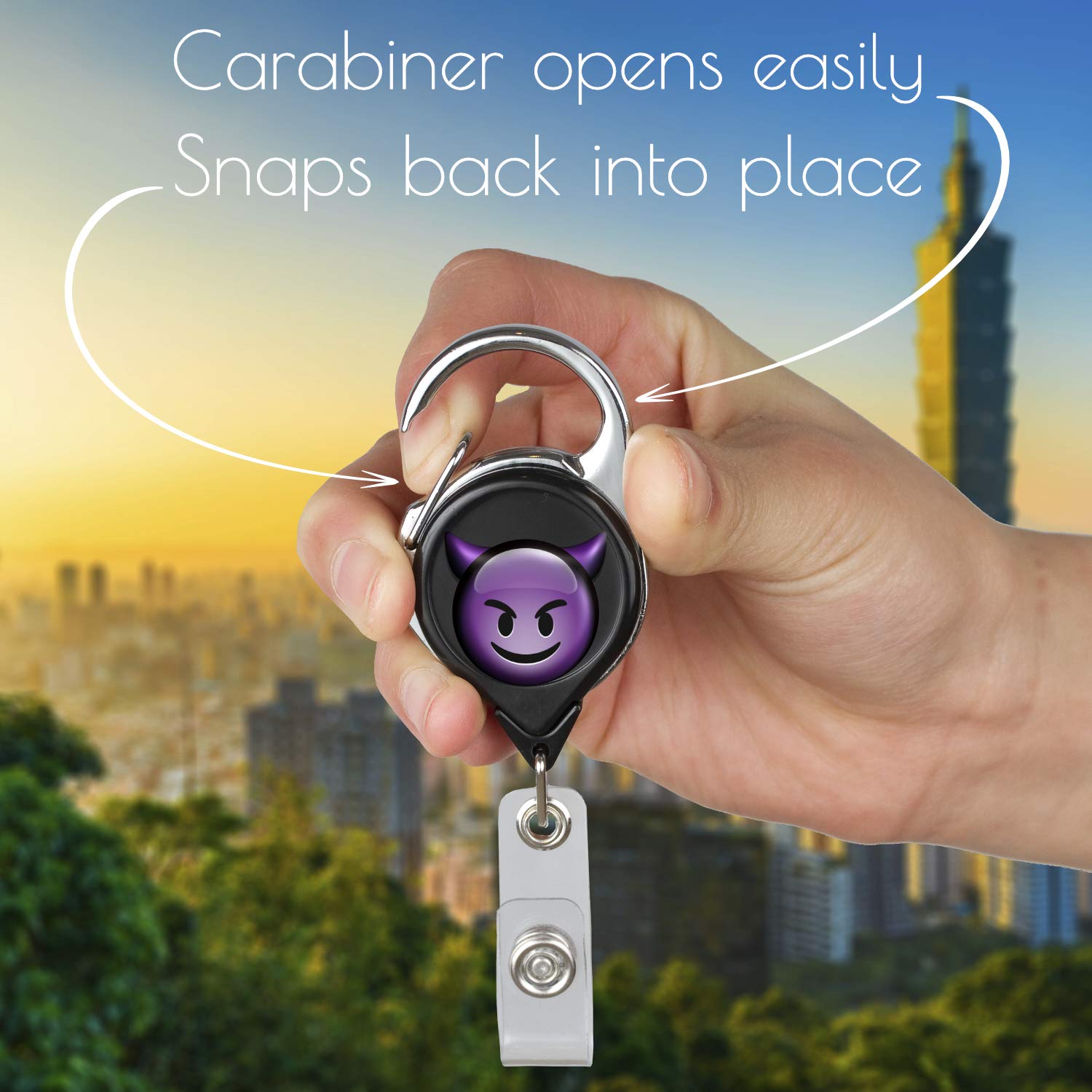 Smiling Devil Emoji ID Badge Holder, Black Retractable with Metal