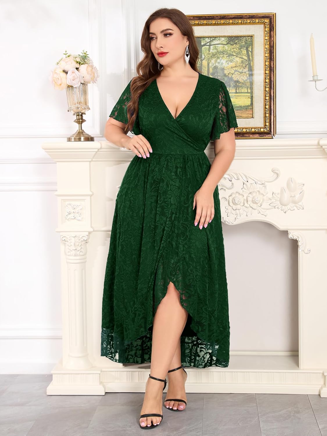ZOMVA Plus Size Floral Lace Dress Wrap V Neck High Low Ruffle Sleeve Evening Gown Formal Dresses Wedding Guests Cocktail - Image 6