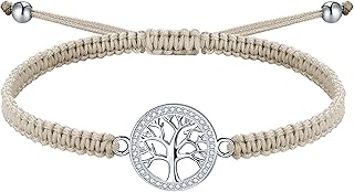 J.Endéar Tree of Life Bracelet for Women 925 Sterling Sliver with Zirconia, Handmade Braided Cord Adjustable Chain Bracelet, Gift for Girls Teenagers Jewelry Christmas, Grey