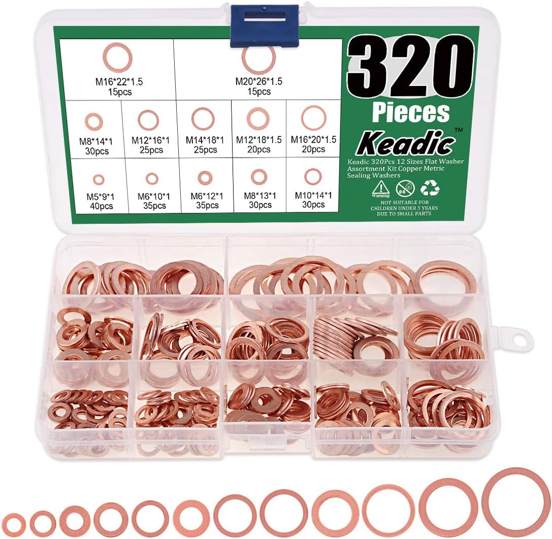 Keadic 320Pcs Copper Washers, 12 Sizes Copper Crush Washer, Coppers Sealing Washers Flat Ring Sump Plug Oil Seal Gasket Flat Washers Assortment Kit for Automotive M6 M8 M10 M12 M14 M16 M18 M20