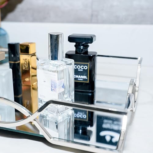 Miniatura 8 de Bandeja de tocador de cristal con espejo, bandeja de maquillaje plateada, bandeja decorativa de metal, organizador de joyas rectangulares,