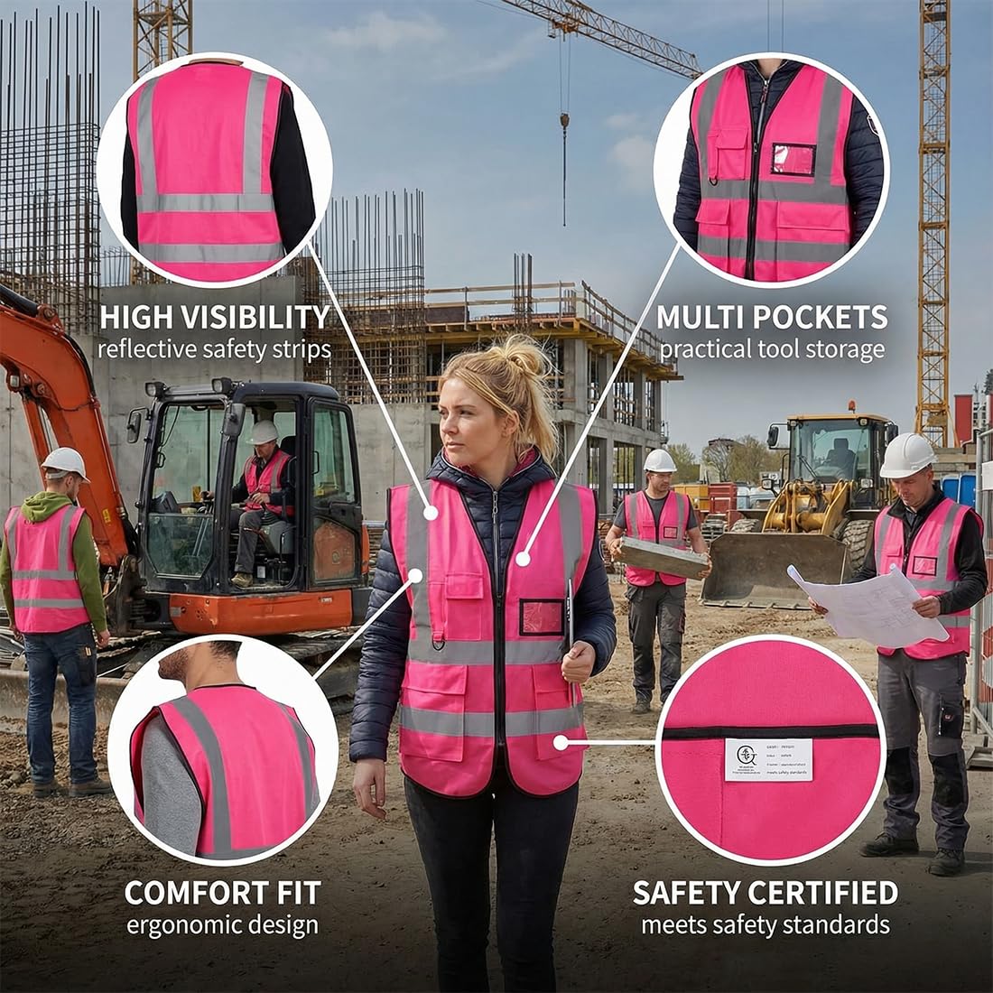 Chaleco Reflectante de Seguridad para Adultos con Bolsillos y Cremallera, Chaleco de Alta Visibilidad para Exterior (Rosa)