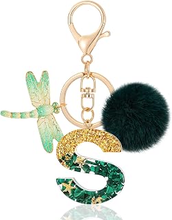 MWOOT Initial Resin Letter Keychain, Cute Car Keyring, Alphabet Key Chain with Butterfly Tassel, Red Plush Ball for Bag Decor