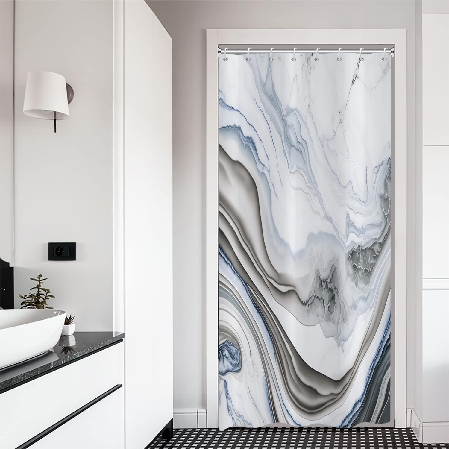 ASDCXZ Shower Curtain Marble 120x180 cm, Modern Abstract White Blue Grey Marble Optic Texture Washable Bath Shower Curtains Polyester Textile Waterproof Shower Curtain for Bathtub with 8 Hooks