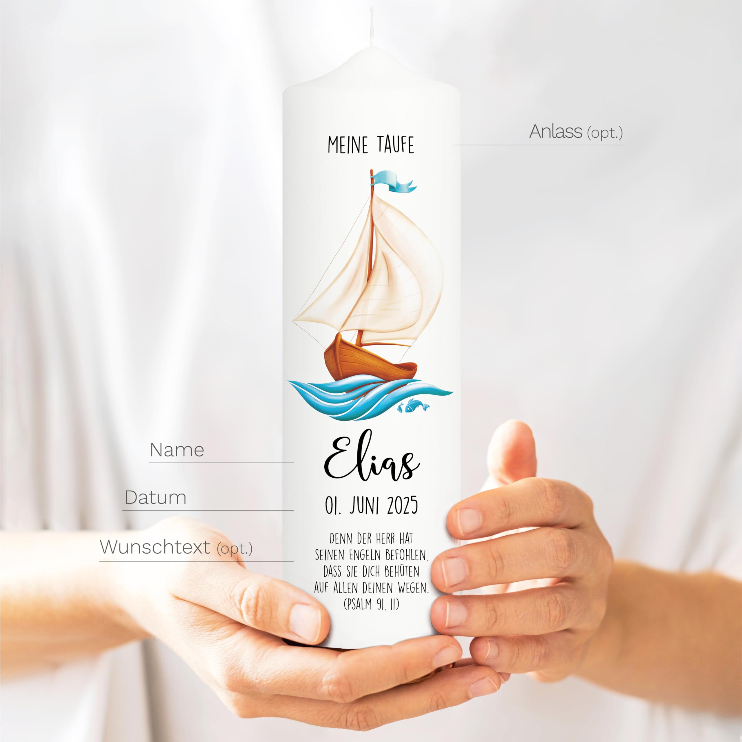 Wandtattoo Loft Taufkerze + Patenkerze Junge Motiv mit einem Boot Schiff, 25 cm x 7cm, personalisierte Kerze, bedruckte Kerze zur Taufe, Stumpenkerze, individuelles Taufgeschenk