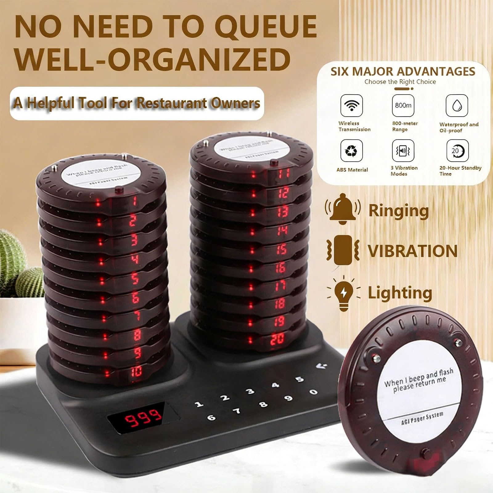 Cercapersone wireless da ristorante con 20 cicalini, lungo raggio 800 m, standby 20 ore, ideale per luoghi affollati con code