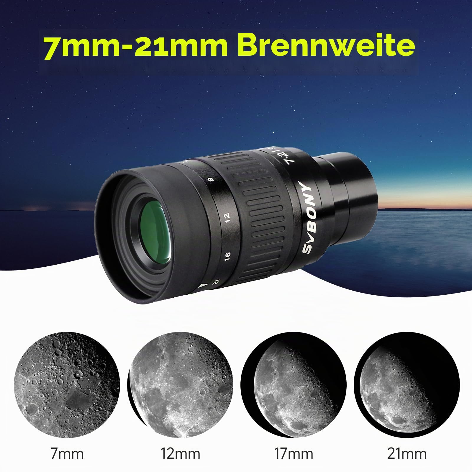 Svbony SV135 Teleskop Okular Zoom 1.25 Zoll 7-21mm FMC Green Film Planetenokular Astronomische Beobachtung