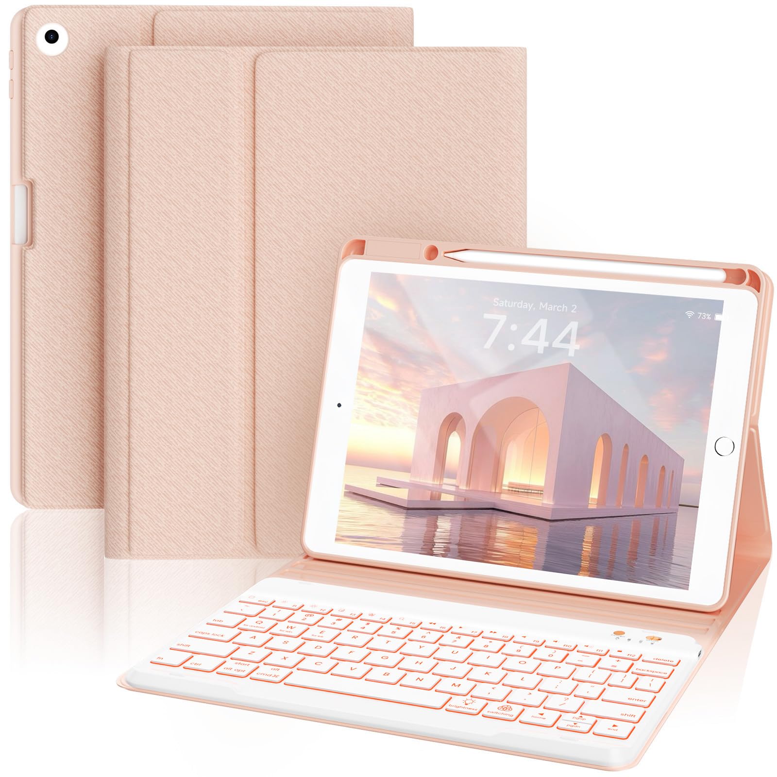 OPAKIT Keyboard Case for iPad Air-2 9.7 Inch 2014, 7-Color Backlit Detachable Wireless with Pencil Holder, Stand Folio Cover for 6th 5th Generation