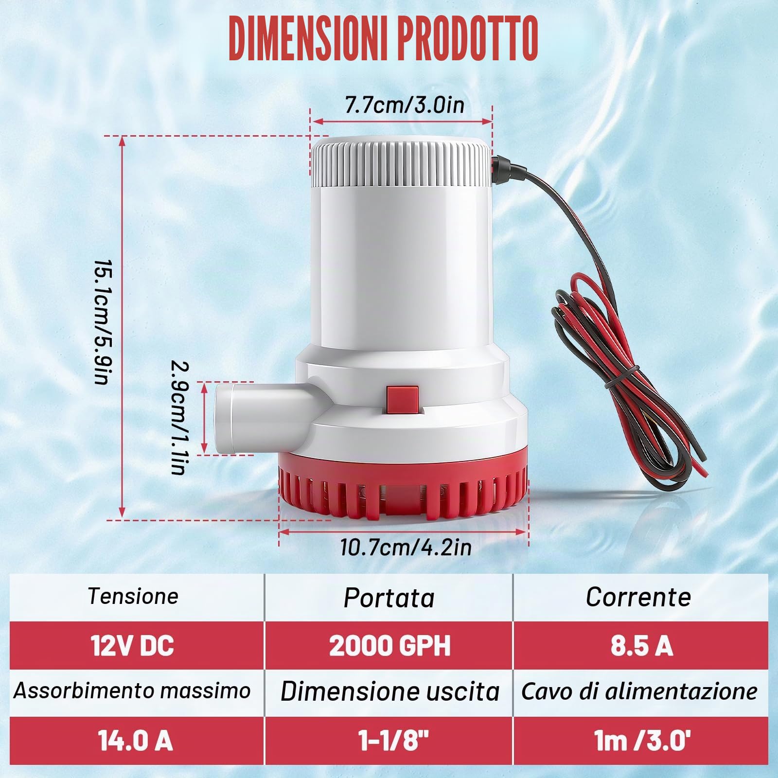 12V 2000GPH Pompa di Sentina, Pompa Acqua Barca Elettrica Sommersa 29 mm | 1-1/8" Pompa d'acqua per Imbarcazioni, Yacht, Laghetti e Piscine