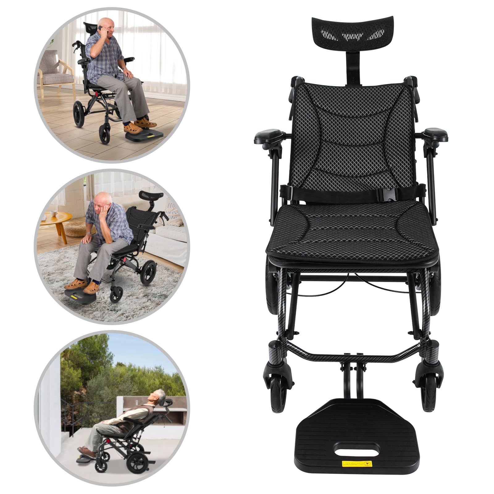 Silla de ruedas plegable de transporte, sillas de ruedas autopropulsadas, de aluminio con reposapiés y rango de ajuste del respaldo: 90° – 175°, silla de ruedas de viaje para adultos mayores, hasta