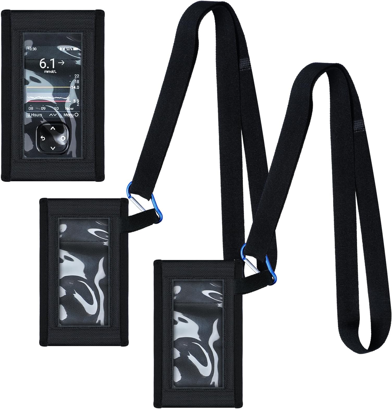 Kosiz 2 Pack Blood Glucose Meter Case with Lanyard Compatible with Dexcom G7 Glucose Monitor Pouch with Viewing Window for Diabetic Accessories Supplies (Black)