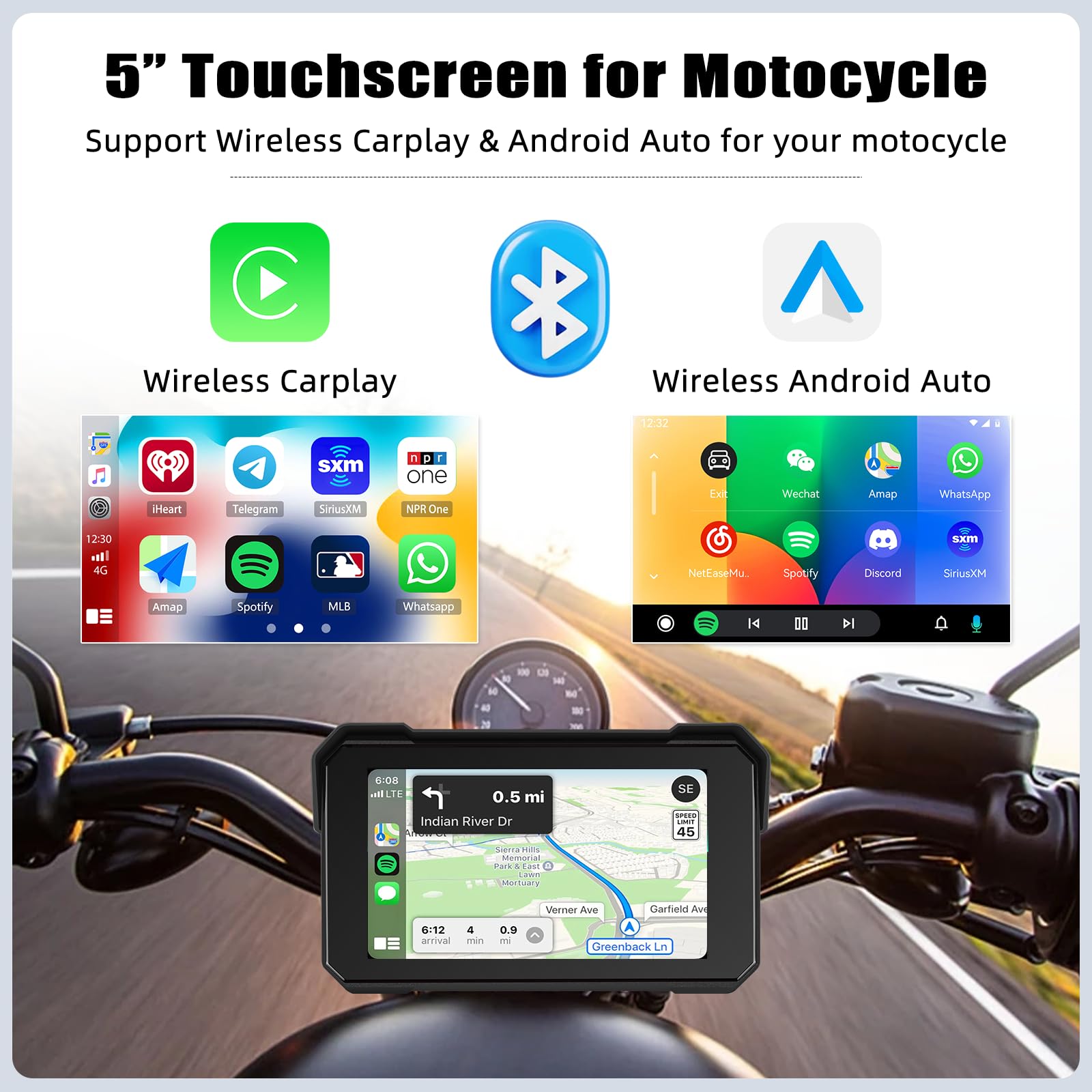 Écran GPS Carplay pour Moto, écran Carplay Android Auto sans Fil, Moto Android Auto Portable 5 Pouces Tactile étanche avec TF Bluetooth Navigation Siri