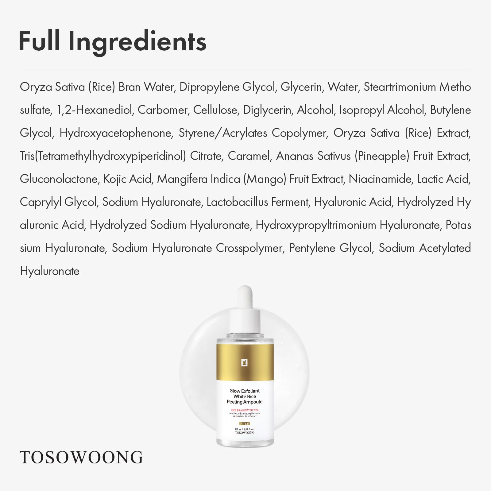 TOSOWOONG Fiala Peeling Riso Bianco 75% per Pelle Spenta e Discromie | Acido Kojico, Niacinamide, Esfoliante, cellule morte, Punti Neri, pori puliti, Viso e Corpo, K-Beauty, 85 ml