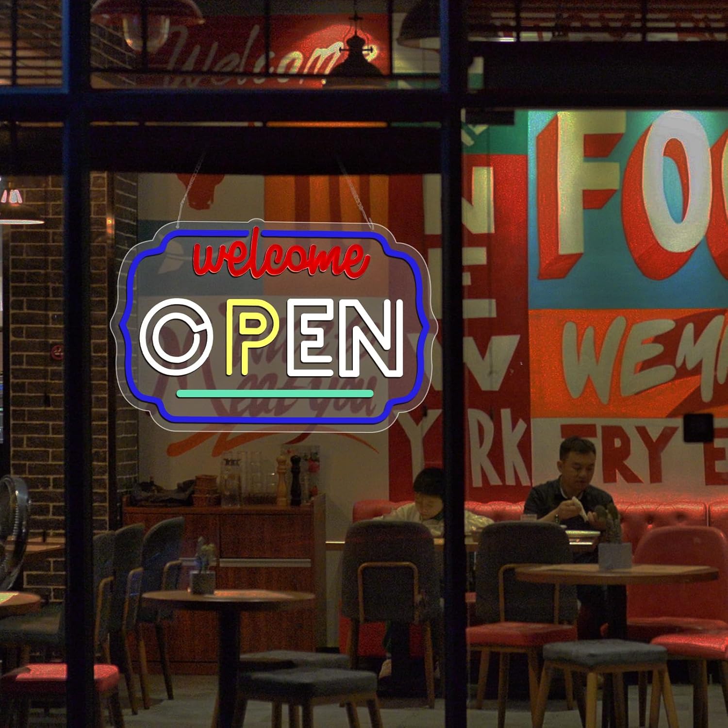 Open Sign for Business LED Neon Light – 16.8x11 Inch USB Powered Acrylic Wall Sign with Blue Trim, Red Welcome and White OPEN Letters for Store Window Shop Cafe Bar Decor - Image 4