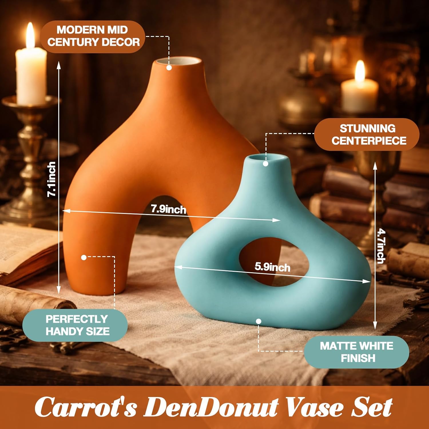 Patelai 2 Pack Mid Century Decor Mid Century Ceramic Donut Vase Vintage Farmhouse Round Matte Vase for Boho Home Dining Living Room Office Bedroom Shelf Decor(Orange Blue)