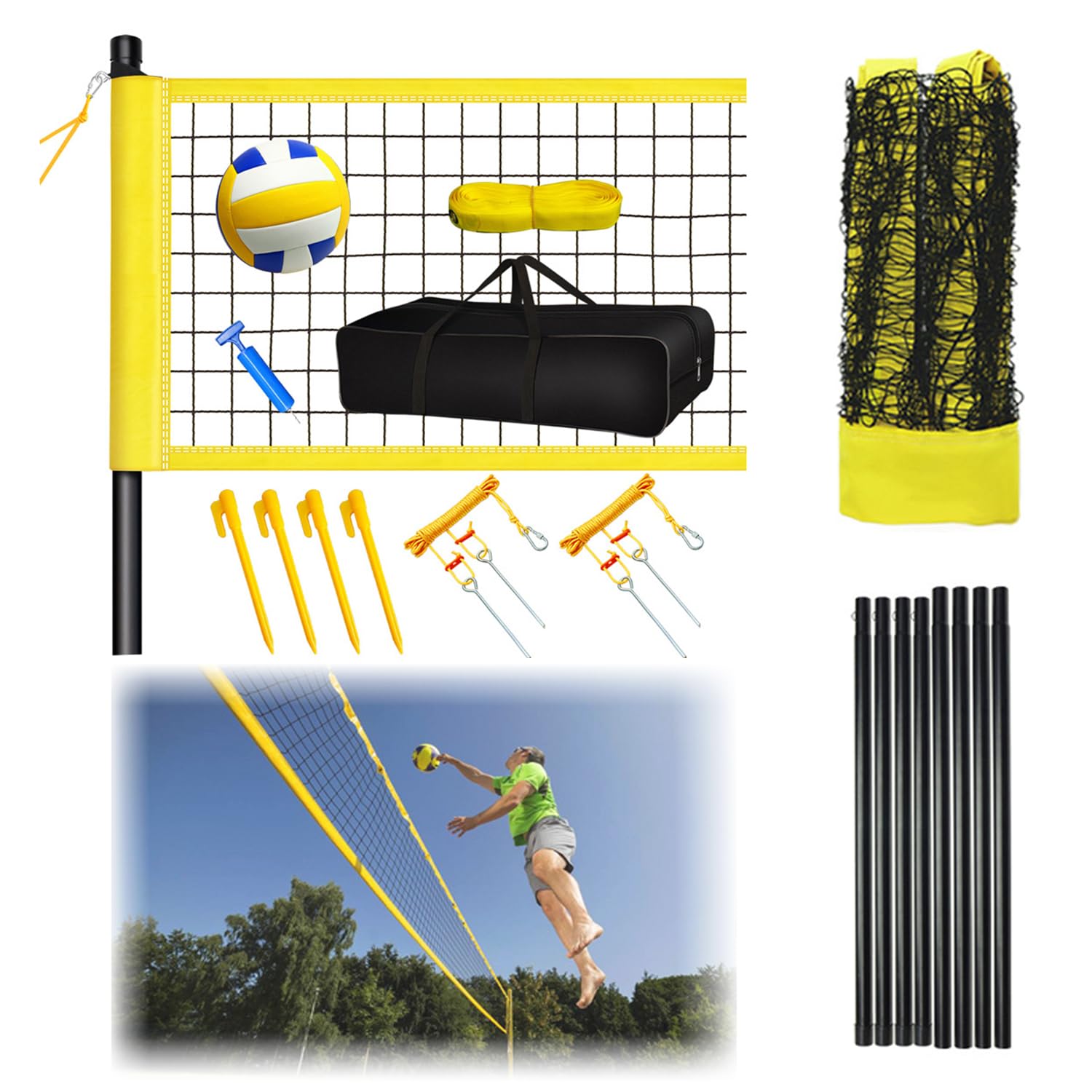 Set di rete da pallavolo, 9,5 m x 1 m, pieghevole, set completo di rete con pali in acciaio,Sistema di marcatura del campo, palloni da pallavolo e sacca portaoggetti, altezza regolabile
