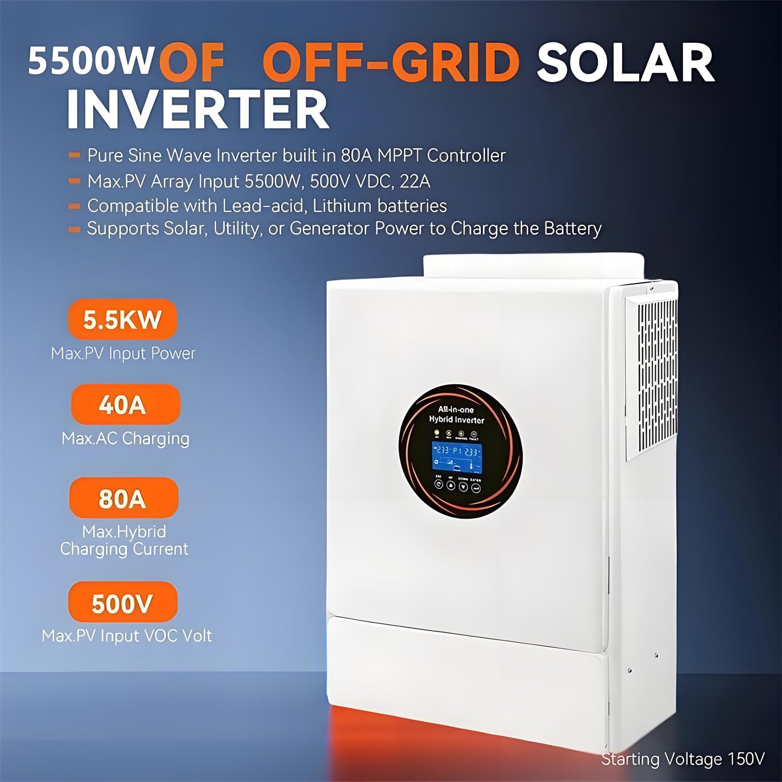 Inversor Solar Híbrido Todo En Uno 5500W, De 48 V CC a 110 V/220 V Ca, con Controlador De Cargador Solar Mppt De 120 a para Paneles Solares Cobertizo para Autocaravanas System Home