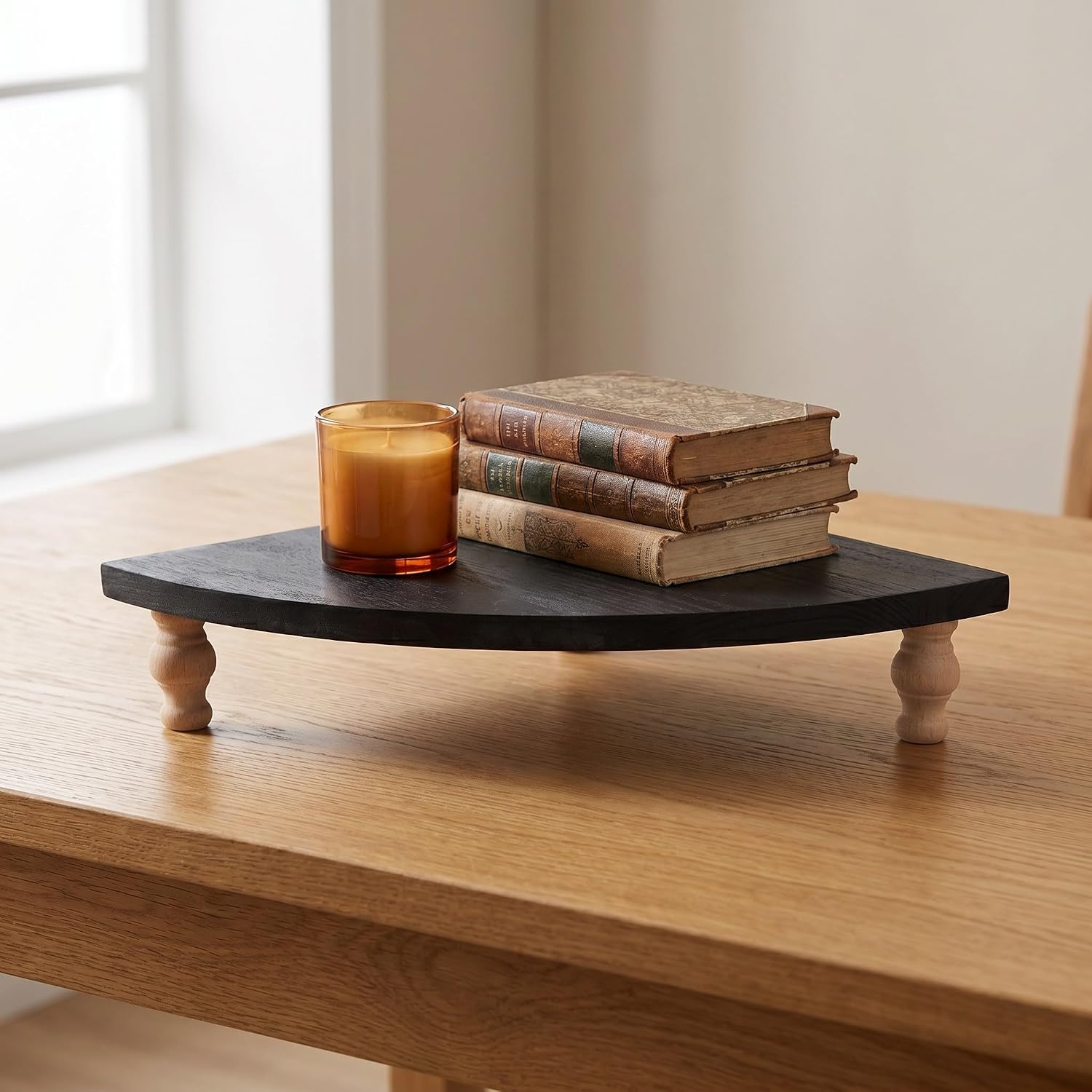Fan-Shaped Wooden Corner Shelf for Bathroom and Kitchen Counter with Space-Saving Design and Stable Support, Rustic Farmhouse Style Black Wooden Shelf for Coffee Table Display