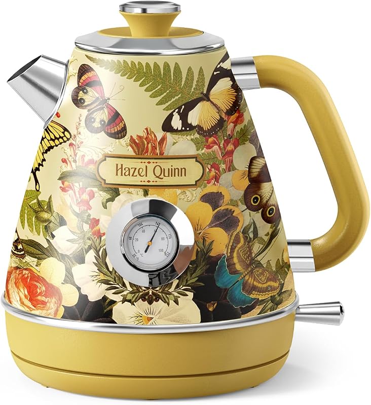 X Eduardo Recife Hervidor eléctrico retro con termómetro, floral | Hervidor de agua rápido de 1200W, 1,7 L/57oz, Interior de acero inoxidable 304, sin BPA, apagado automático, tetera Retro inalámbrica, hogar