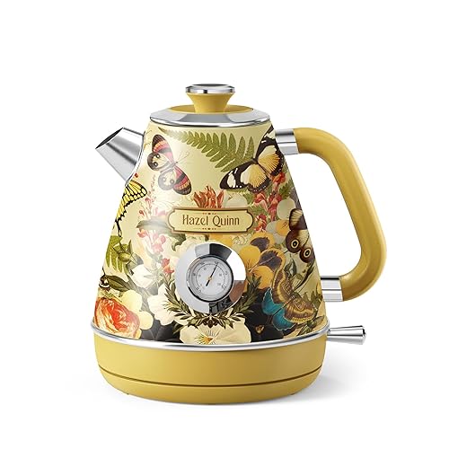 Hazel Quinn X Eduardo Recife Electric Kettle - 1200W Fast Water Boiling, 1.7L/57oz, All 304 Stainless Steel Interior, BPA-Free, Auto Shut-Off, Cordless Retro Teapot with Thermometer - Floral Patterned