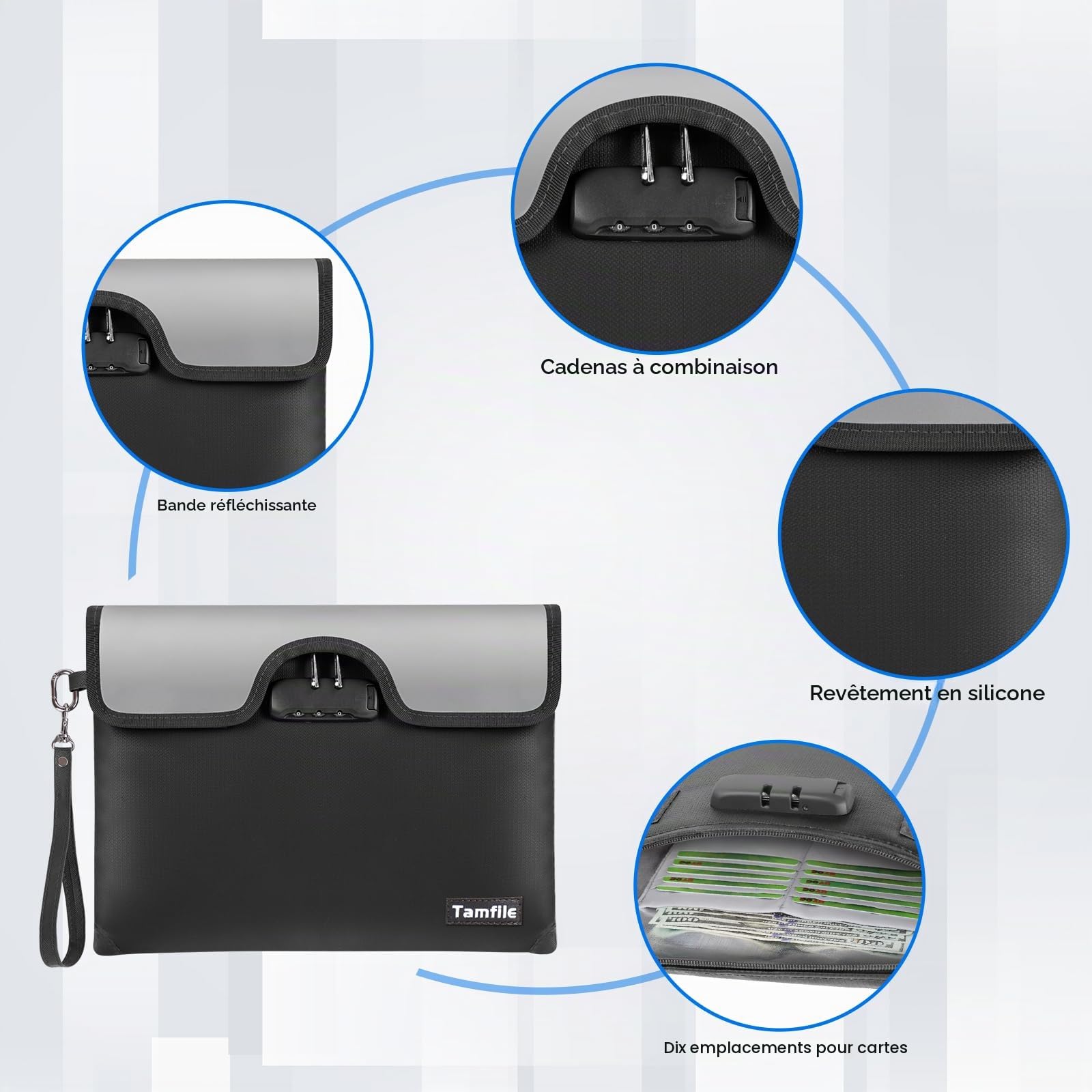 Tamfile Sac à Documents Anti-feu 5200°F avec Serrure, Sac d'argent Résistant à l'eau 34 * 25CM, Bande de Pochette de Rangement Ignifuge pour Documents, Bijoux, Passeport, Tablette, Noir