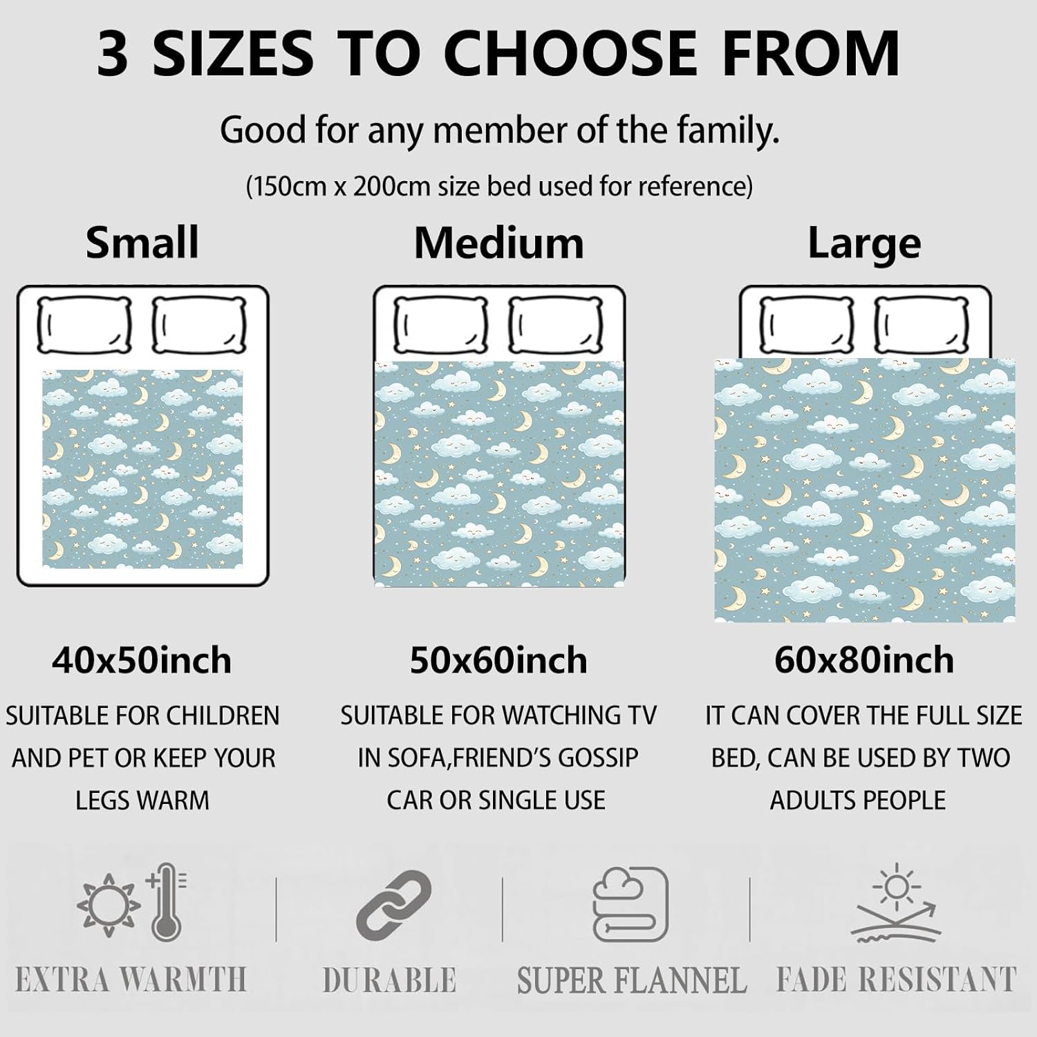 Moons and Clouds Throw Blanket Gifts for Women Adults Girls, Soft Fuzzy Warm Cozy Flannel Blankets for Bedroom, Travel, Couch, Home Decor 50x60 in - Image 3